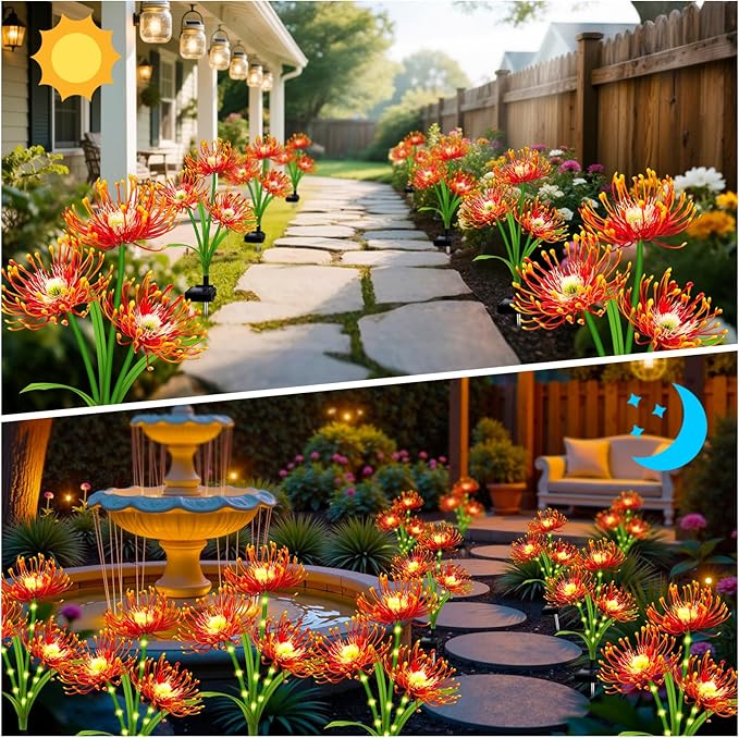 Solar Garden Flower Lights Outdoor,4 Pack Orange Spider Lily Lights with Glowing Stems,Waterproof Fall Decor Solar Yard Decor for Patio Lawn Pathway,Thanksgiving Garden Gifts for Women Mom Grandma