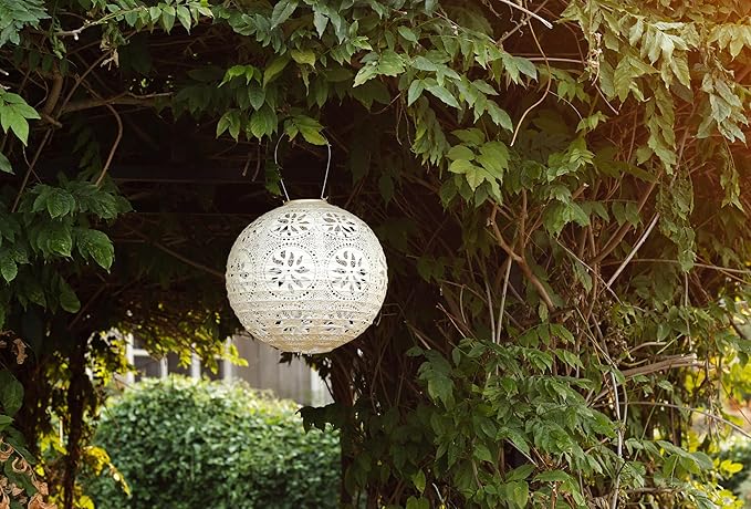 Soji Stella Market, LED Outdoor Solar Lantern, Handmade with Weather-Resistant UV Rated Tyvek, Stainless Steel Hardware, Auto sensor on/off, for Patio, Deck, (Pearl)