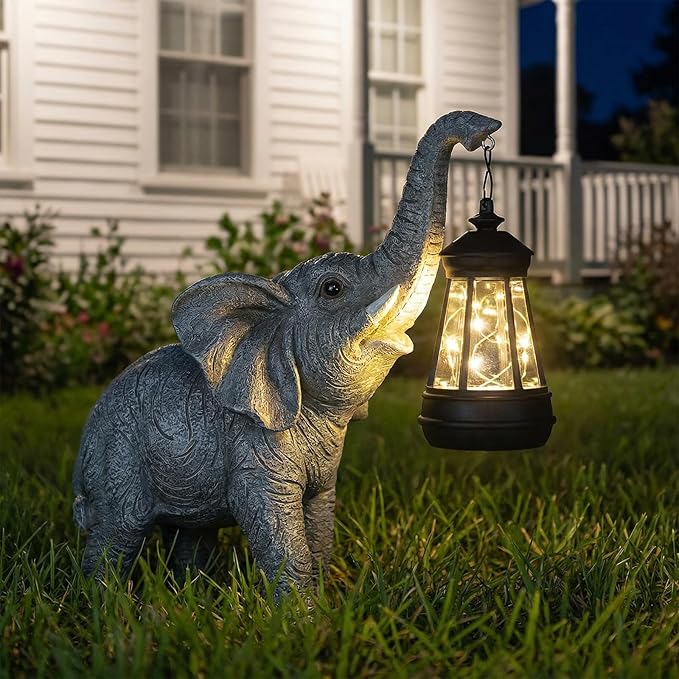 Solar Garden Statue Lights Elephants Figurine with Solar Lantern, Outdoor Yard Decorations for Patio Porch Home | Lumora