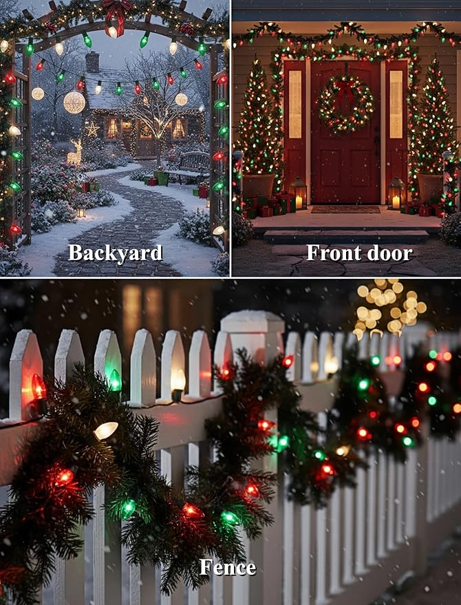 25ft Red White and Green Outdoor Christmas Lights,C9 Clear Incandescent Christmas Lights with 26 Multicolor Bulbs,Waterproof String Lights Plug in for Roofline Tree Garden Decor