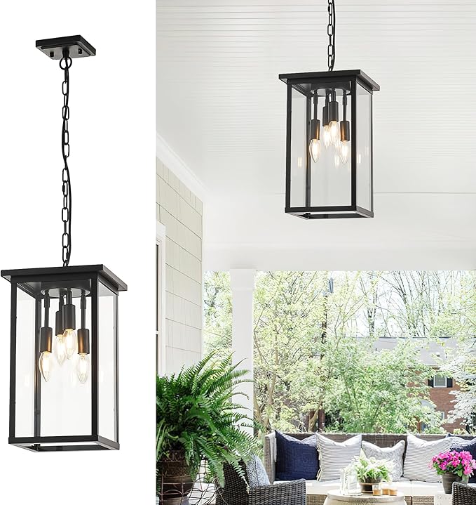 10" Modern 4-Light Exterior Black Square Lantern Pendant Light Fixture with Clear Glass Industrial Hanging Cage | Lumora