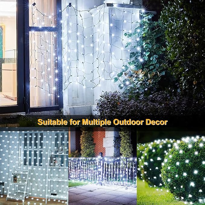 Solar Net Lights 200 LED Outdoor Mesh Light with 8 Modes Waterproof Net Bush Lights for Bushes Hedge Yard Garden Decor, 9.8 x 6.6Ft Dark Green Cable (Cool White)