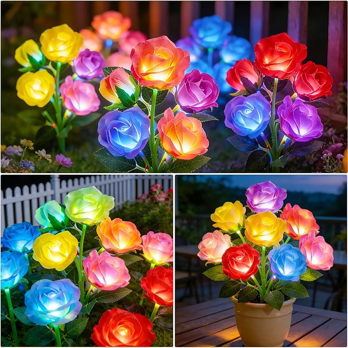 ANGMLN 4 Pack Solar Garden Lights, Solar Flower Lights Outdoor Waterproof with 20 Head Rose 7-Color Changing Landscape Light for Garden Yard Pathway Patio Grave Cemetery Decoration