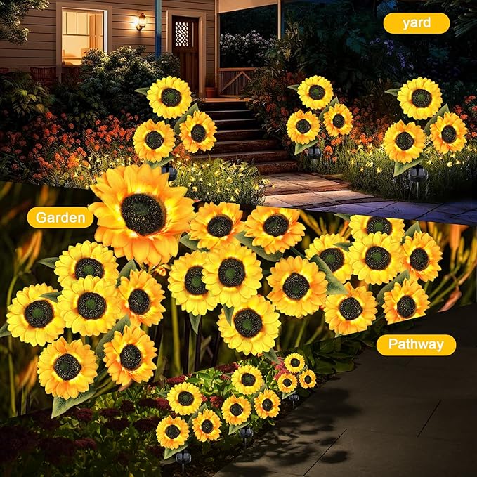 Solar Lights Outdoor Decorative, Upgraded 2 Pack with 6 Solar Sunflower Lights, Waterproof Outdoor Garden Decor, Auto On/Off Solar Lights for Patio, Yard & Pathway Decor