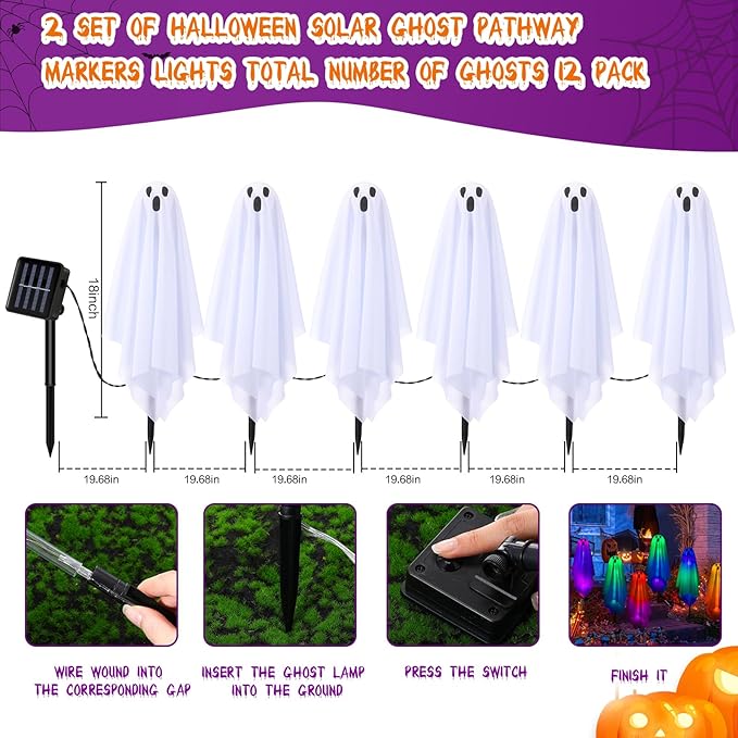 Threan 12 Packs Halloween Decoration Solar Ghost Pathway Decoration Outdoor White Cloth Ghost Stakes, Spooky Cloth Ghosts Solar Decor, Changing LEDs Pathway for Halloween Party Yard Lawn Patio Porch
