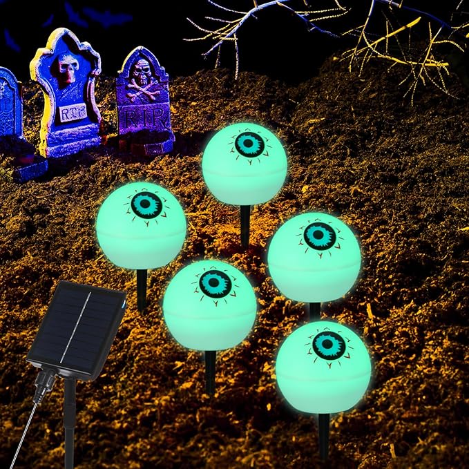Uonlytech Solar Halloween Eyeball Lights 5-Pack Outdoor Garden Solar Stake Lights for Yard Patio Pathway Decorations Red Green Led
