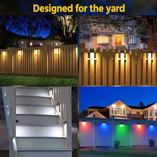 NIORSUN Outdoor Fence Lights, 10 Pack Waterproof LED Solar Fence Lights with 1500mAh Battery, Warm White/Cool White/RGB, Easy-to-Install Wall Light for Deck, Patio, Railing, Stairs, Backyard – Black