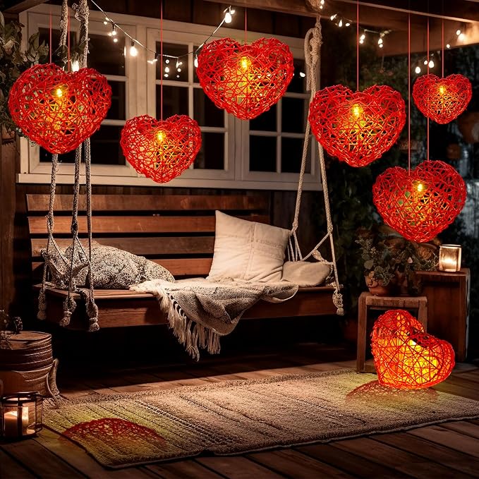 5 Pack Valentine Solar Lights Outdoor 8 Inch Waterproof Heart Light Heart Rattan Balls Valentine's Day Decorations for Outdoor Garden Yard Valentine's Day Interior Decoration(Red)