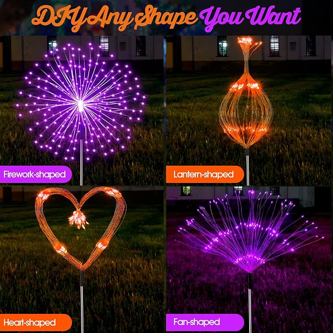 4 Pcs Halloween Solar Lights Solar Firework Lights 180 LED 8 Modes Outdoor Waterproof LED Stake Sparkler Christmas Decoration for Driveway Pathway Garden Patio Walkway Yard Lawn(Orange, Purple)