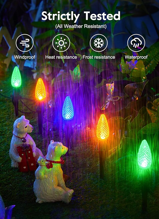 Brightown Strawberry C9 Christmas Pathway String Lights, 25.7 Feet C9 Walkway Lights with 20 Colored Bulbs and Stakes, Connectable Christmas Light Outdoor Decorations for Outside, Multicolor