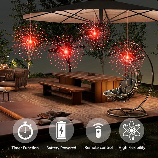 2 Pack Starburst Sphere Lights,200 LLED Firework Lights, 8 Modes Dimmable Remote Control Waterproof Hanging Fairy Light, Copper Wire Light for Patio Parties Christmas (Red)