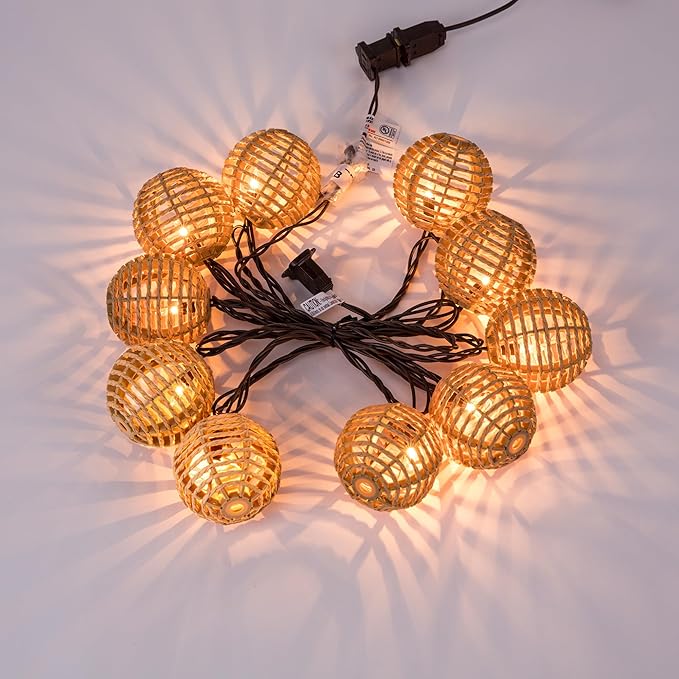 Decorative String Lights Plug in with 10 Incandescent Bulbs, Natural Rattan Globe Boho Lantern String Lights Connectable Weatherproof Outdoor Indoor for Bedroom Patio Pergola Decor