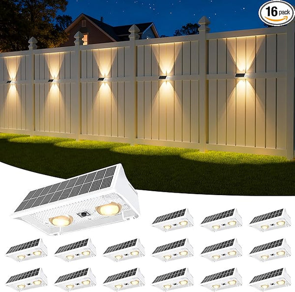 NIORSUN Solar Fence Lights Outdoor, 16 Pack Up and Down Waterproof Solar Wall Lights, Fence Lights with Lens, Warm | Lumora