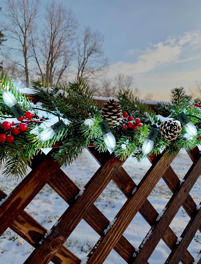 Vintage C9 Christmas Lights Outdoor - 25FT Strand with 25 LED Bulbs, UL Certified Waterproof Green Wire String Lights for Classic Holiday Decorations on Roofline, Patio, and Christmas Tree