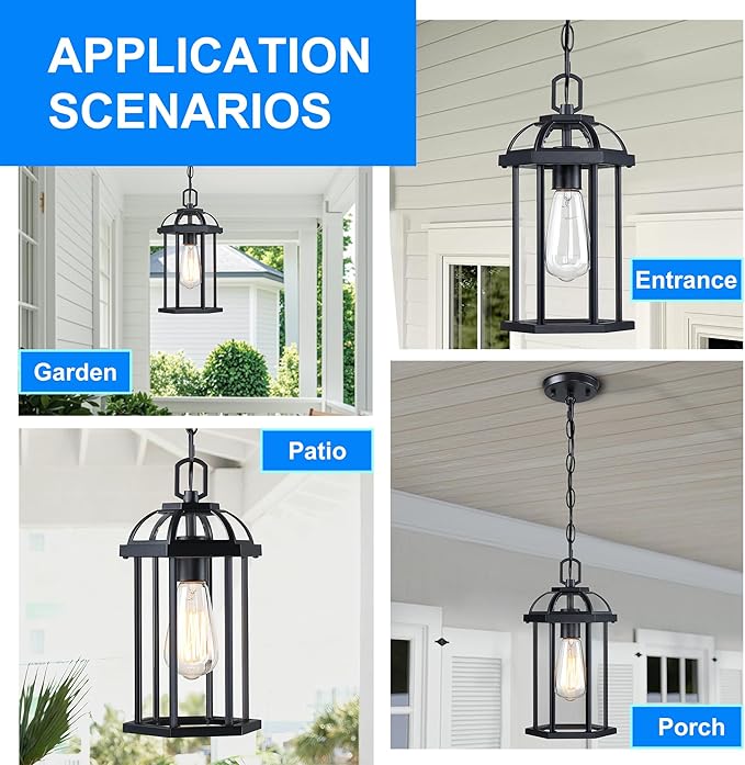 Outdoor Pendant Light,Modern Hanging Porch Light,Black Exterior Pendant Lighting Fixture, Outdoor Chandelier for | Lumora