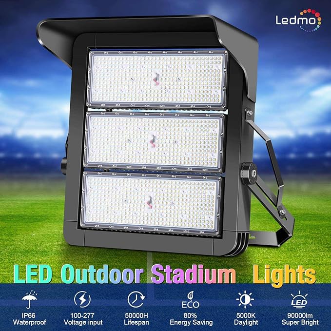 ledmo 750W Dimmable LED High Mast Stadium Light, Outdoor 90000LM Super Bright Floodlight Commercial 100-277V 5000K Daylight IP66 Adjustable Waterproof Arena Lighting for Sport Court
