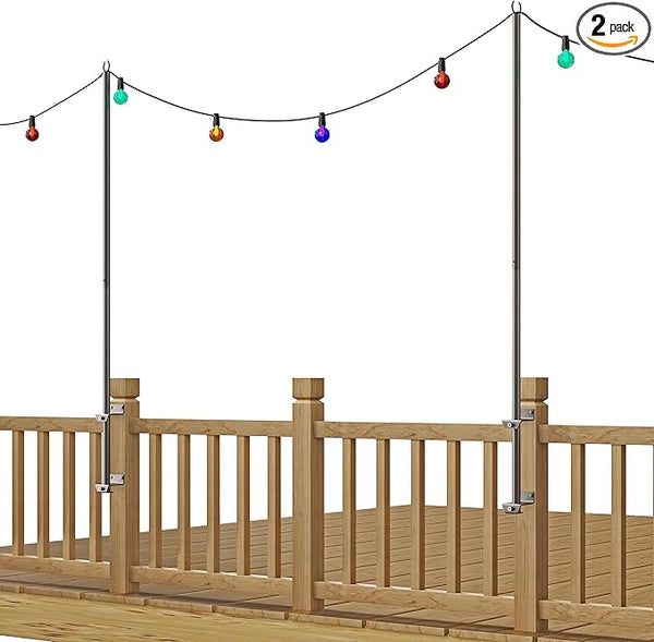 2 Pack 6.5 FT Stainless Steel String Lights Pole Bracket/Holder for Deck Railing Wood Posts, Black | Lumora