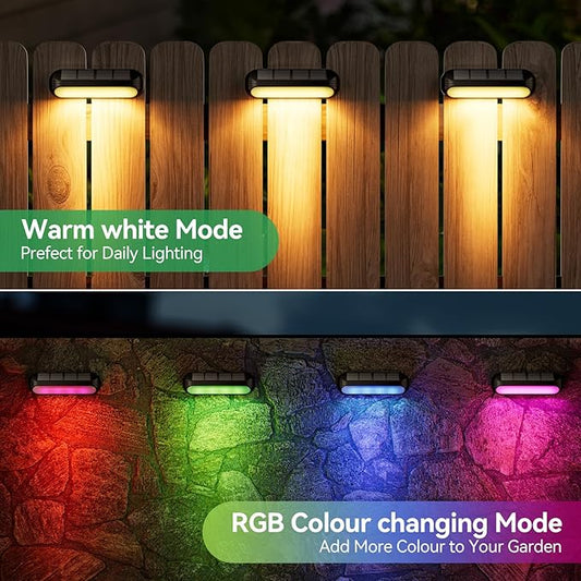 Solar Outdoor Lights for Deck 4 Pack, Upgraded RGB Solar Fence Lights with Color Changing & Warm White Mode, Waterproof LED Solar Powered Light for Yard, Wall, Stairs, Pool and Step Decor