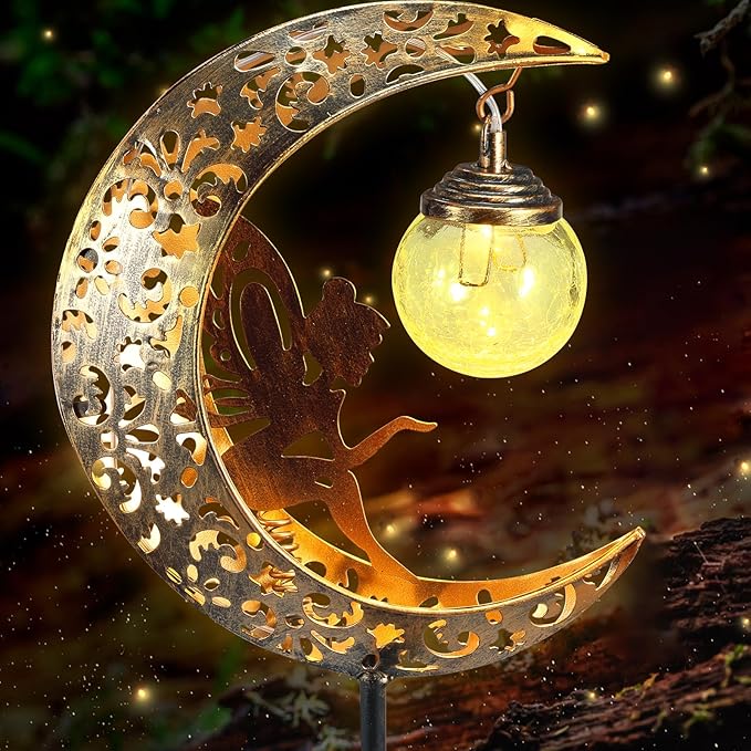 Solar Garden Lights, Moon Fairy Crackle Glass Stake Lights, Waterproof Warm White LED Metal Stake Decorative Lights, Outdoor Pathway Light, Solar Powered Garden Decorations for Walkway Lawn Patio Yard