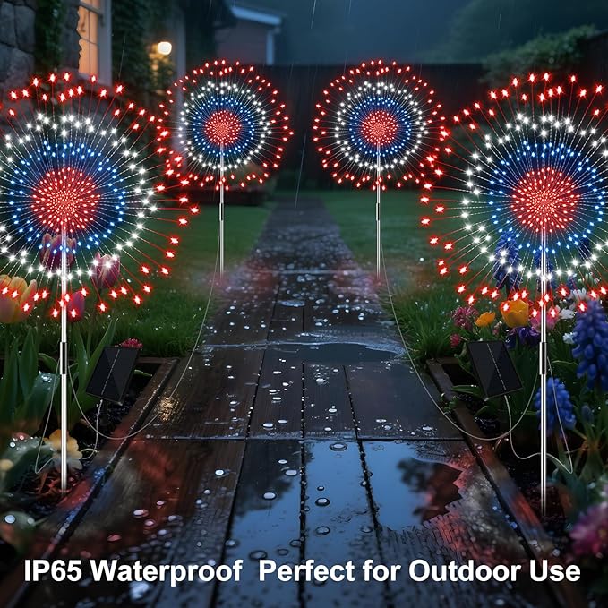 4th of July Decorations Firework Solar Lights Outdoor, 8 Modes & Timer Remote Red White and Blue Patriotic Lights with 180 LED for Garden Yard Patio Pathway Lawn Fourth of July Decor(2 Set of 2 Pack)