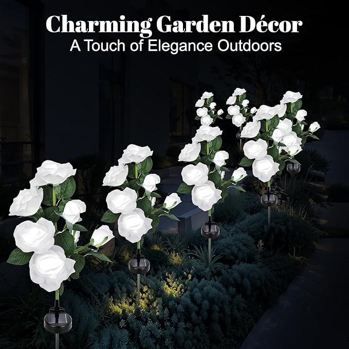 Solar Rose Lights Outdoor, 2 Pack with 14 Rose Flowers Waterproof Color Changing LED Flower Lights, Solar Powered Garden Stakes for Yard, Patio, Pathway Decor - Artificial Floral Decorative Lighting