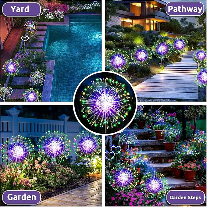 Redefun Solar Fireworks Lights for Outside 2 Pack 120 LEDs Solar Garden Decor, 8 Modes Sparkler Light Waterproof Starlit Starburst Lights for Yard Flower Bed Lawn Pathway Decorations - Multicolor