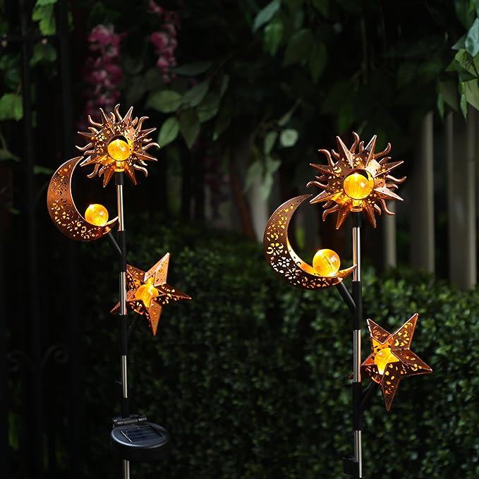 Alpine Corporation 38" Tall Solar Celestial Garden Stakes with Warm White LED Lights Sun, Moon and Star, Outdoor Decor - Set of 2