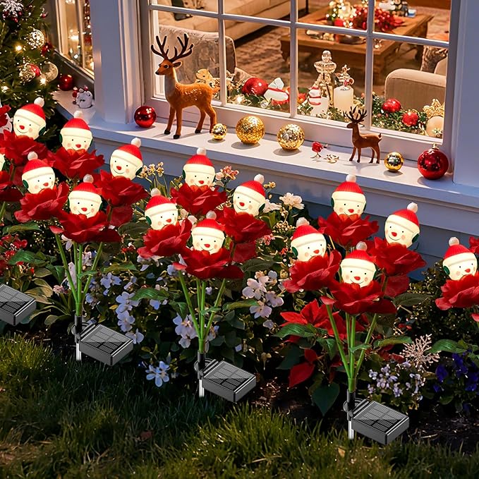2 Packs Christmas Rose Solar Garden Light with Snow Man, 27.4 Inches Garden Solar Light Outdoor for Christmas Decoration, Auto ON/OFF, IP65 Waterproof, Suitable for Courtyard, Pond, Walkway Decoration