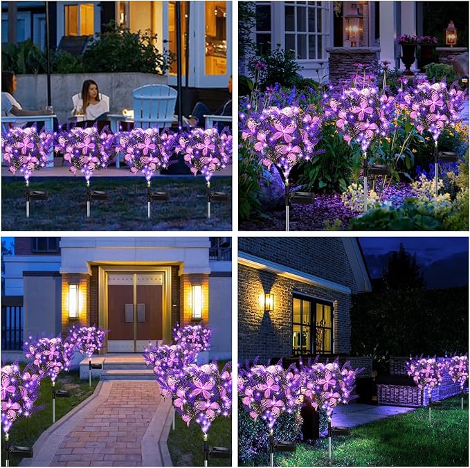 Solar Garden Lights Outdoor, 2 Pack Purple Lavender Solar Butterfly Lights Gardening Gifts for Women,Artificial Flowers Light Purple Halloween Garden Decor for Patio Yard Lawn Christmas