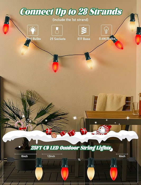 25Ft LED C9 Red and White Christmas Lights Outdoor, C9 Vintage Christmas Lights with 26 LED Red and White Bulbs, Hanging Outdoor String Lights for Patio Outside Holidays Party Xmas Roofline Wedding