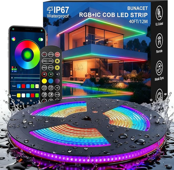 40ft COB RGB+IC LED Strip Lights, IP67 Bright Dream Color COB LED Light Strip with RF Remote App Control Music Sync | Lumora