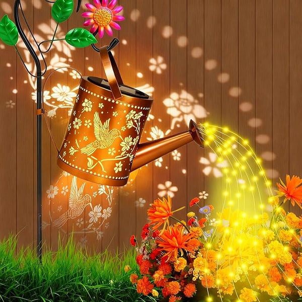 Hummingbird Outdoor Hanging Solar Lantern Waterproof Metal Openwork Hummingbird Watering Can Landscape Lights with | Lumora
