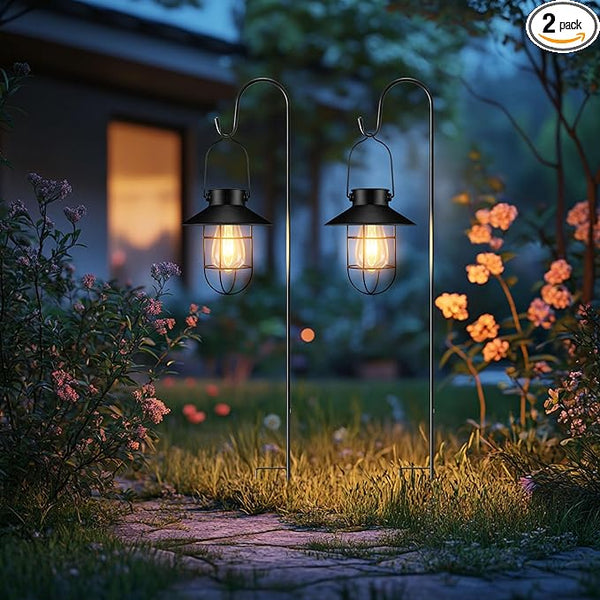 2 Pack Shepherd Hook Outdoor Waterproof Hanging Black Solar Lanterns Porch Lighting Decoration Outdoor Lanterns for | Lumora