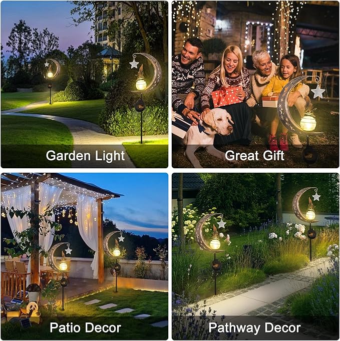Solar Lights Outdoor Garden,Moon Fairy Solar Light, Decorations Crackle Glass Globe with Angel Pathway Stake Light, Waterproof Lights for Pathway Lawn Patio, Black