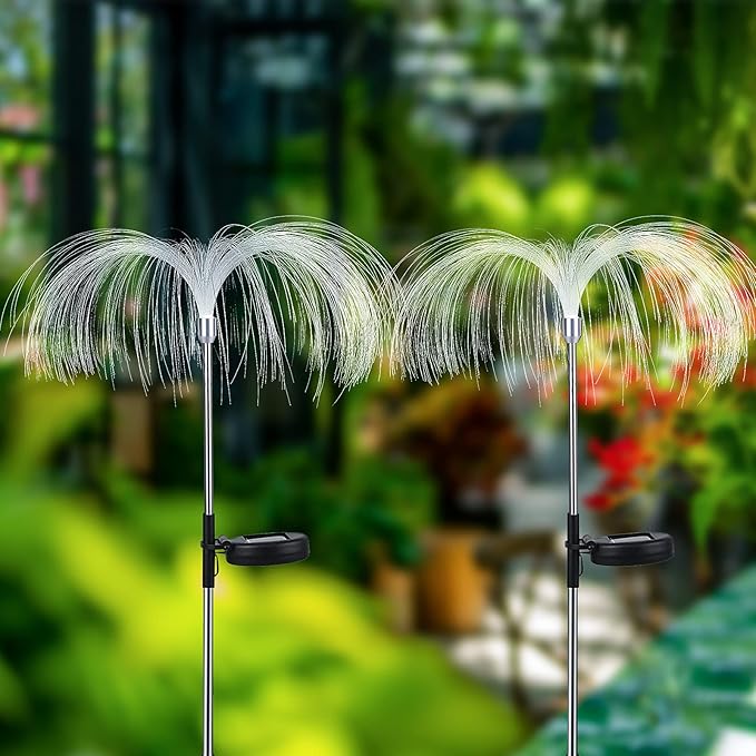 Solar Weeping Willow Firework Light, Outdoor Jellyfish Solar Garden Decorative Stake Lights for Walkway Pathway Backyard Christmas Decoration Parties (2 Pieces) (Warm White)