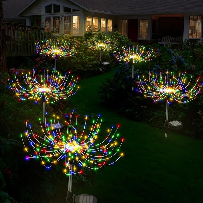 Colorful Solar Garden Lights Outdoor Waterproof Firework Light Solar Powered 200 LED Sparkles Landscape Fairy Light Outside Decorations for Yard Patio Pathway Lawn Party Decor, 6 Pack