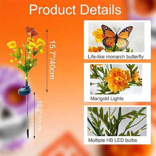 Solar Marigold Garden Lights, 2 Pack Solar Swaying Monarch Butterfly Lights with Flowers,Artificial Flower Lights for Halloween & Día de Los Muertos (Day of The Dead) Decorations