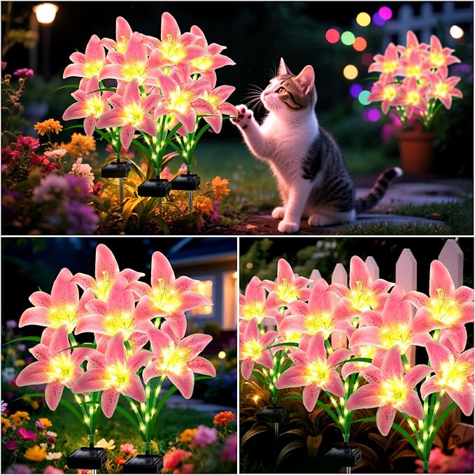 Solar Garden Lights 4 Pack 16 Pink Lily Flowers,Gifts for Mom Woman Birthday Outdoor Solar Flower Lights, Cemetery Flowers for Grave - Decorative Lilies for Yard, Patio, Pathway Decorations