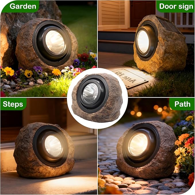 Solar Rock Lights Outdoor,4 Pack IP65 Waterproof LED Solar Brown Garden Stone Spotlights,Warm White & Cool White | Lumora