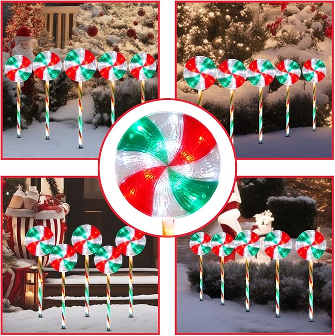 BRIGHTDECK Lollipop Solar Christmas Pathway Lights Outdoor, 5 Pack LED Christmas Decor with 8 Lighting Modes, Light Up Solar Stake Lights for Holiday, Xmas, Walkway, Sidewalk (RedGreen, 5 PCS)