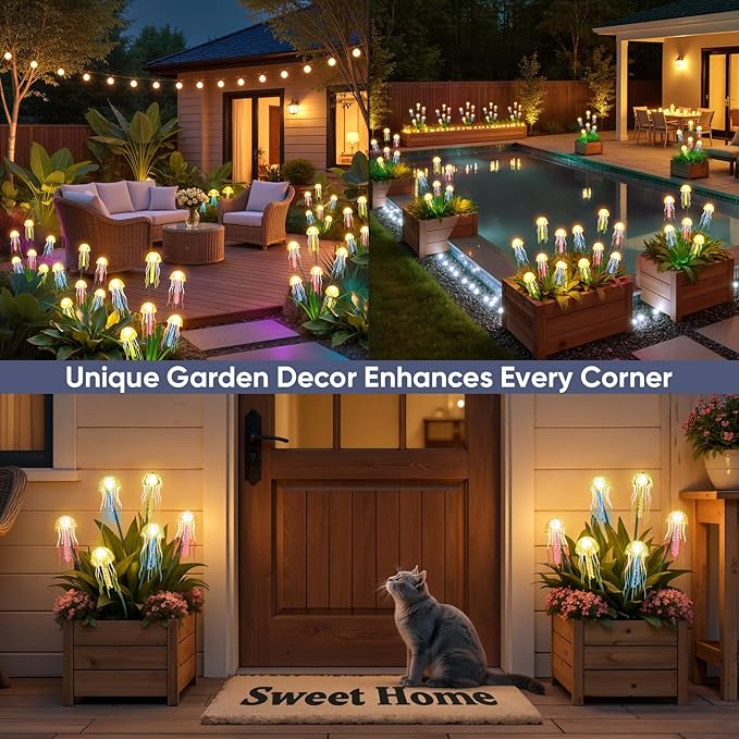 Outdoor Solar Garden Lights: 2 Pack 12 LEDs Waterproof Solar Powered Jellyfish Lights for Outside Yard Pathway Lawn Warm White Decorations - Unique Gardening Gifts for Women Mom Grandma
