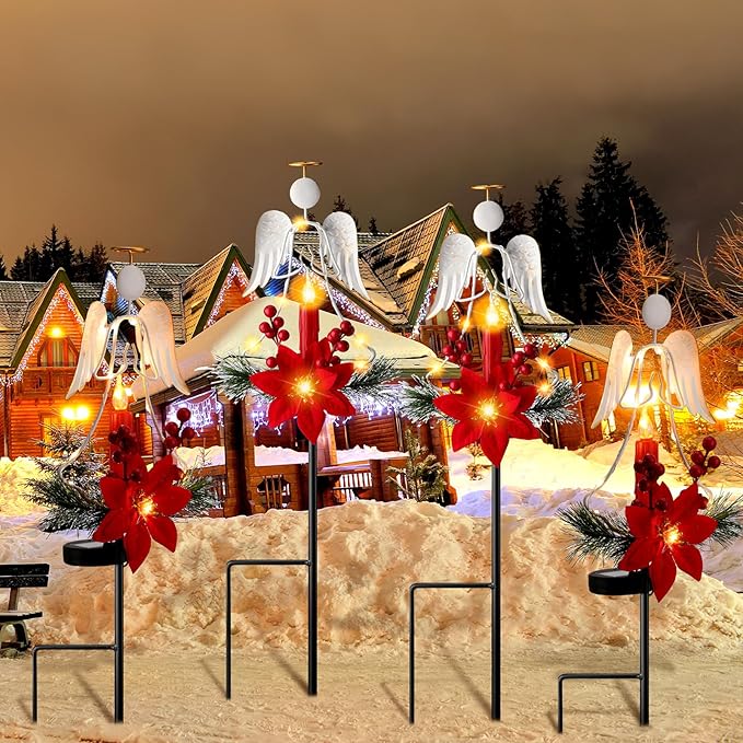 Baquler 2 Pcs Solar Christmas Angel Stake Lights Yard Decorations Christmas Garden Stake Decor Metal Angel Solar Lights Outdoor Garden with LED Candle for Pathway Holiday Winter Decoration