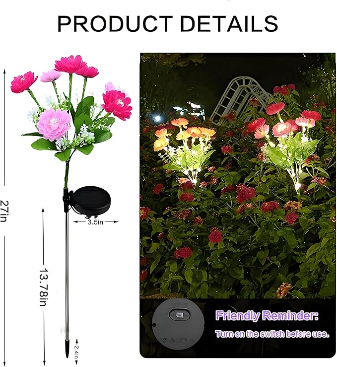 Solar Flowers Lights, 2 Pack Solar-Powered Outdoor Light with 14 Blooming Flowers, Waterproof Lights for Outside Yard, Garden, Pathway, Walkway, Patio, Lawn, Cemetery, Grave Decor