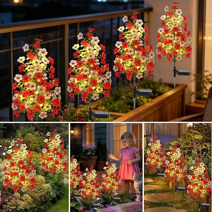 Solar Garden Flower Lights Outdoor Waterproof 2 Packs Solar Lights with Fake Orchid Flower Fairy Lights Outdoor Patio Yard Pathway Decoration Ideal Gifts for Women Mother's Day