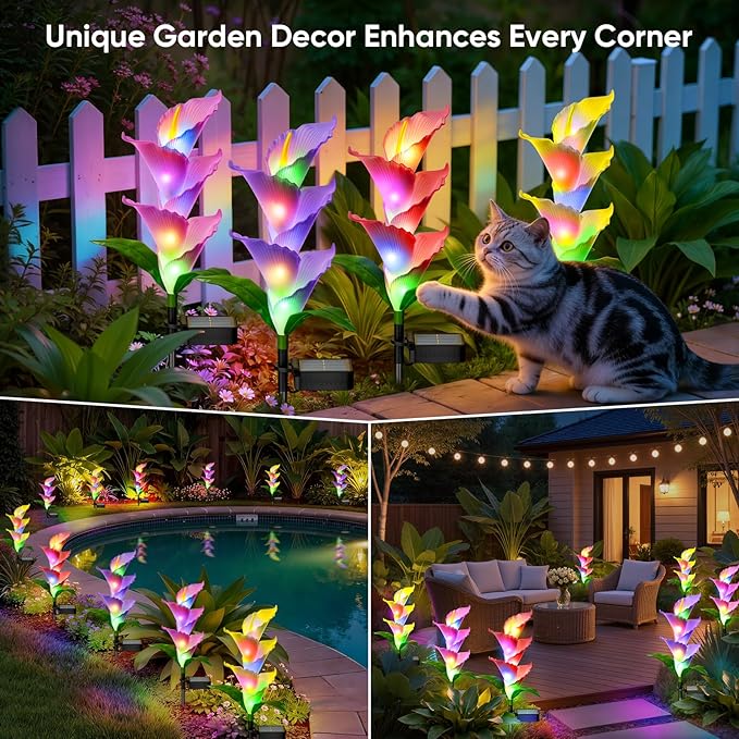 Solar Flowers Lights Outdoor: 4 Pack Color Changing Calla Lily Garden Lights for Yard Pathway Decorations - Waterproof PU LED Solar Powered - Perfect Brithday Gifts for Women Mom Grandma