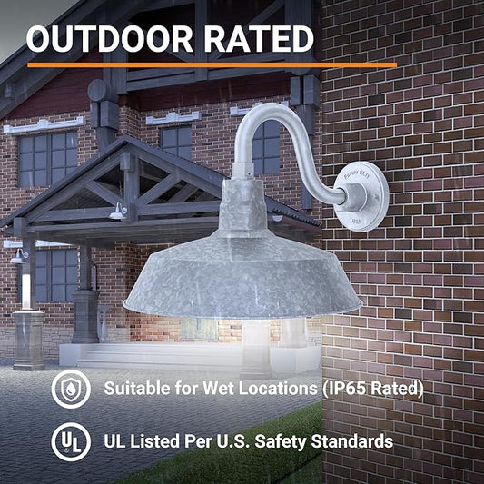 14in. Galvanized Finish Outdoor Gooseneck Barn Light Fixture with 10in. Long Extension Arm - Wall Sconce Farmhouse, Antique Style - UL Listed - 9W 900lm A19 LED Bulb (5000K Cool White) - 2-Pack