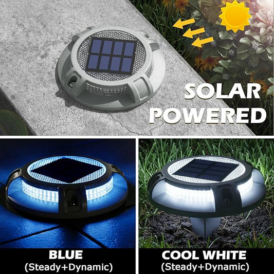 SIEDiNLAR Solar Driveway Lights Outdoor 4 Modes 40 LEDs Marine Dock Light Deck Driveway Markers Waterproof for Step Ground Walkway Pathway Yard Garden, Blue/White Dynamic Lighting (4 Pack)