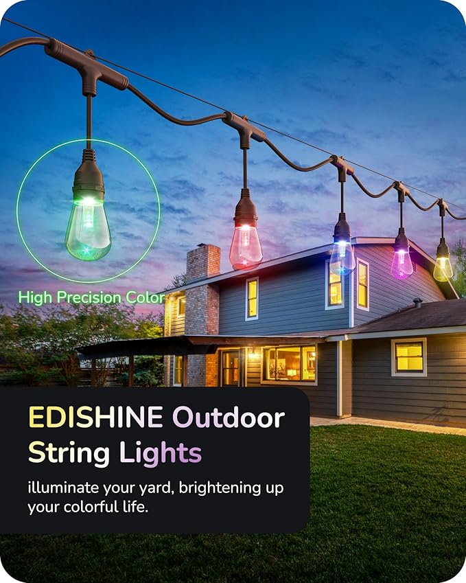 EDISHINE 96ft Smart Christmas Outdoor String Lights, Color Changing Light 36 RGBW LED Bulbs, Compatible with Alexa, Waterproof Dimmable WiFi Outdoor Lights for Backyard, Party, Holiday Decor