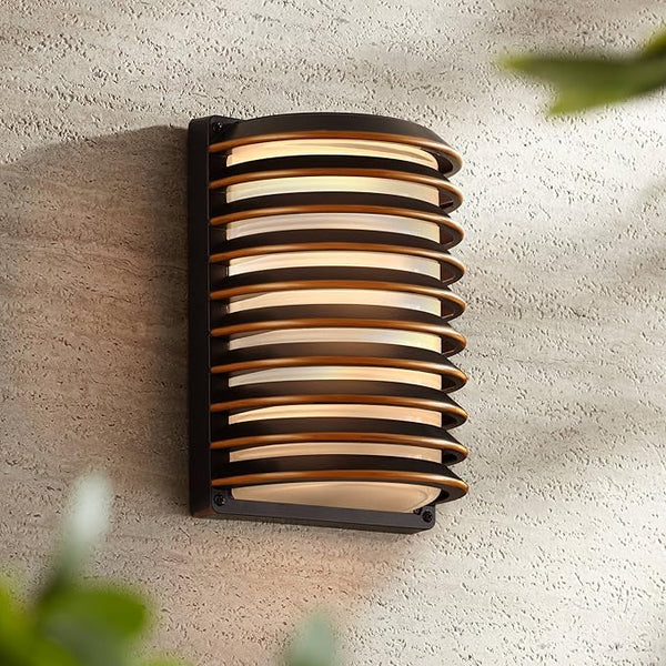 John Timberland Bronze Grid Modern Industrial Outdoor Wall Light Fixture 10" Frosted Glass Shade for Exterior Barn | Lumora