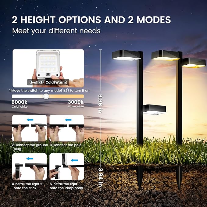 Solar Pathway Lights Outdoor Waterproof,4 Pack with 8 Head Modern Solar Lights, 2 Modes(Warm/Cold White) for Walkway,Yard,Patio,Driveway,Outside,Decor